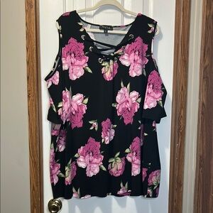 Arna York Cold Shoulder Black Floral Blouse with Pink Floral EUC